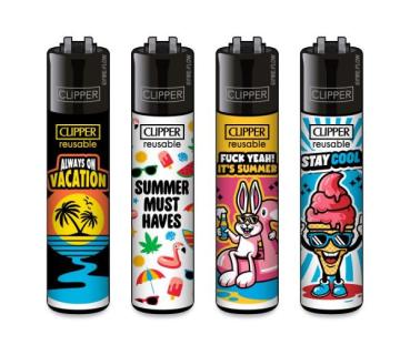 Clipper CLASSIC Large – Summer 4er Set mit Motiven Always on Vacation, Summer Must Haves, It’s Summer und Stay Cool; nachfüllbar, Softflame, Stopfhilfe.